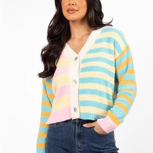 Pink Lily Check It Out Yellow, Blue, and Pink Fuzzy Cardigan